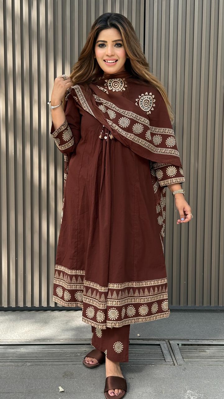 Laado Anarkali Cotton Mal Cotton- Navy, Brown