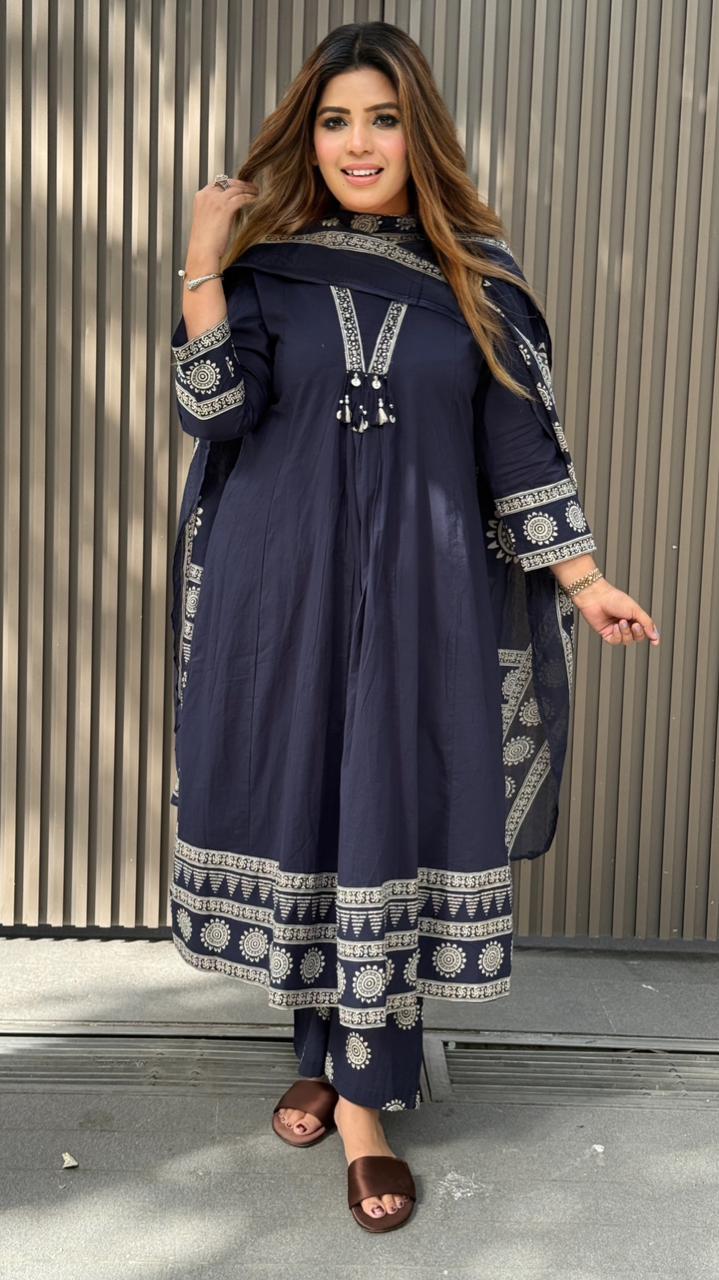 Laado Anarkali Cotton Mal Cotton- Navy, Brown