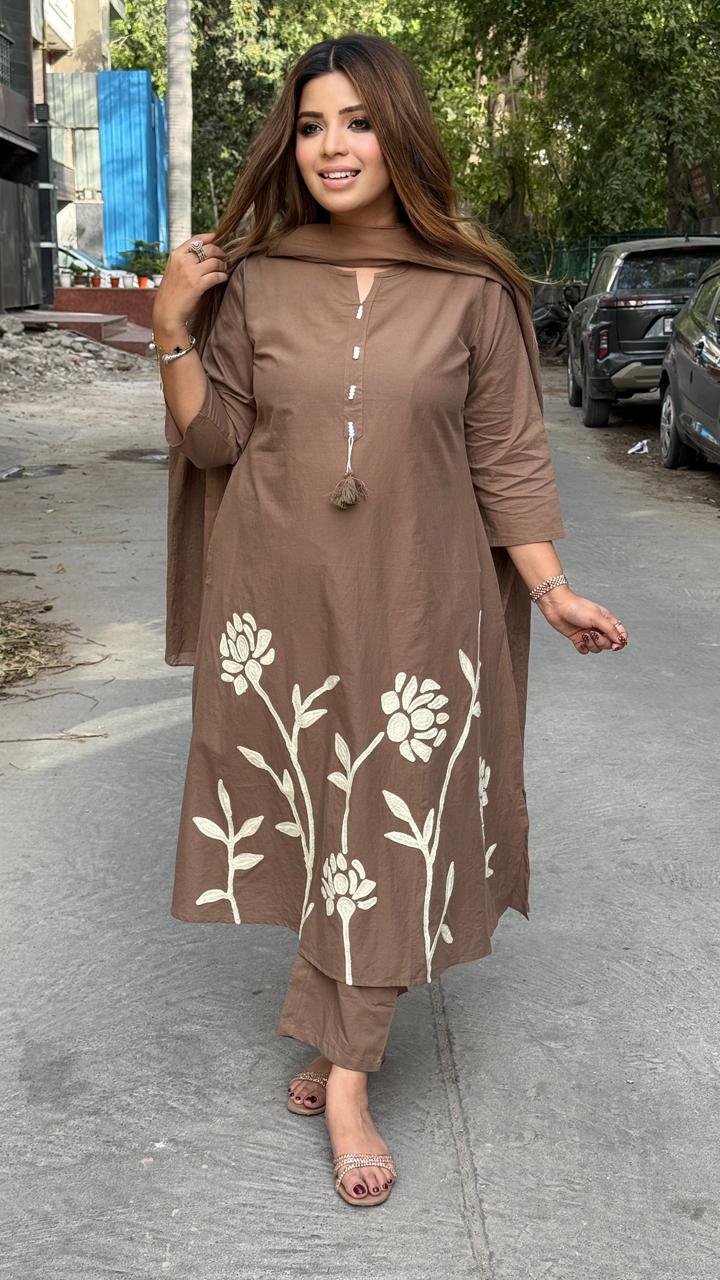 Khwaish A-Line Suit Set- Orange, Brown