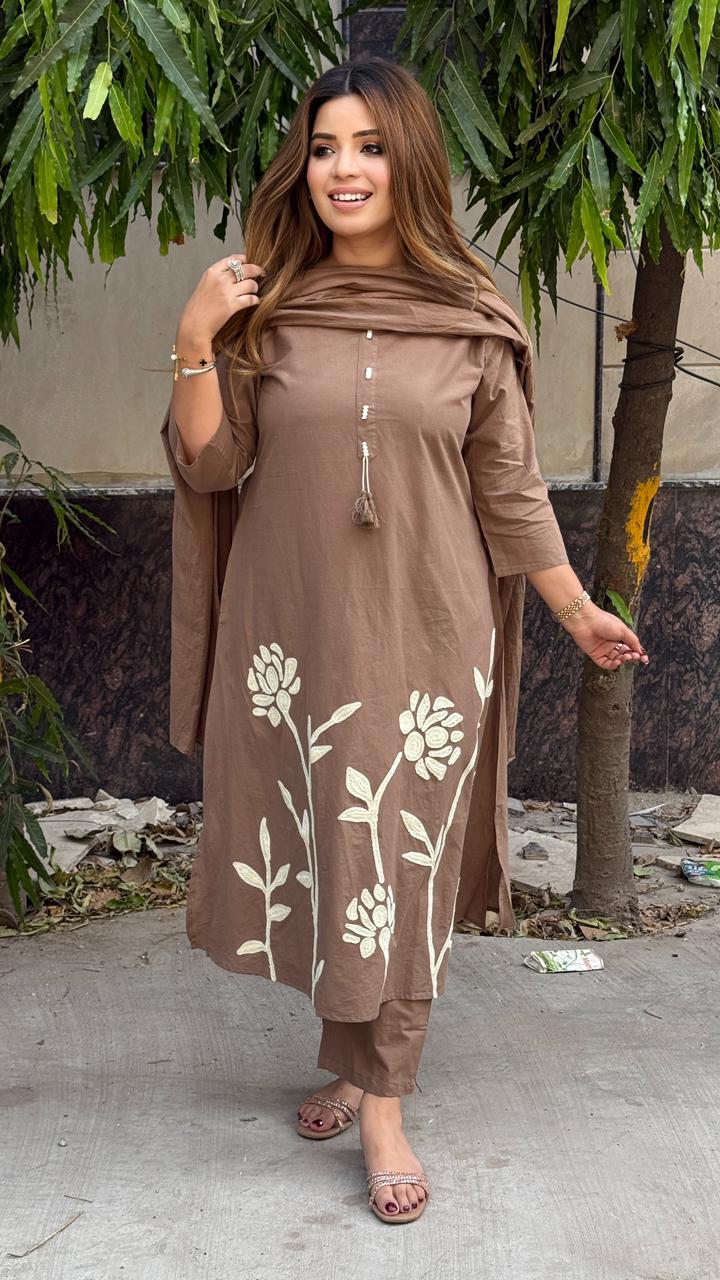 Khwaish A-Line Suit Set- Orange, Brown