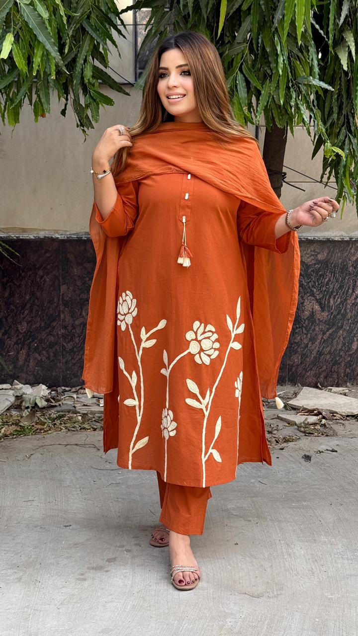 Khwaish A-Line Suit Set- Orange, Brown