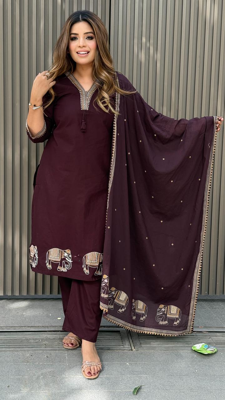 Saanjh Cotton Flex Suit Set- Wine, Green