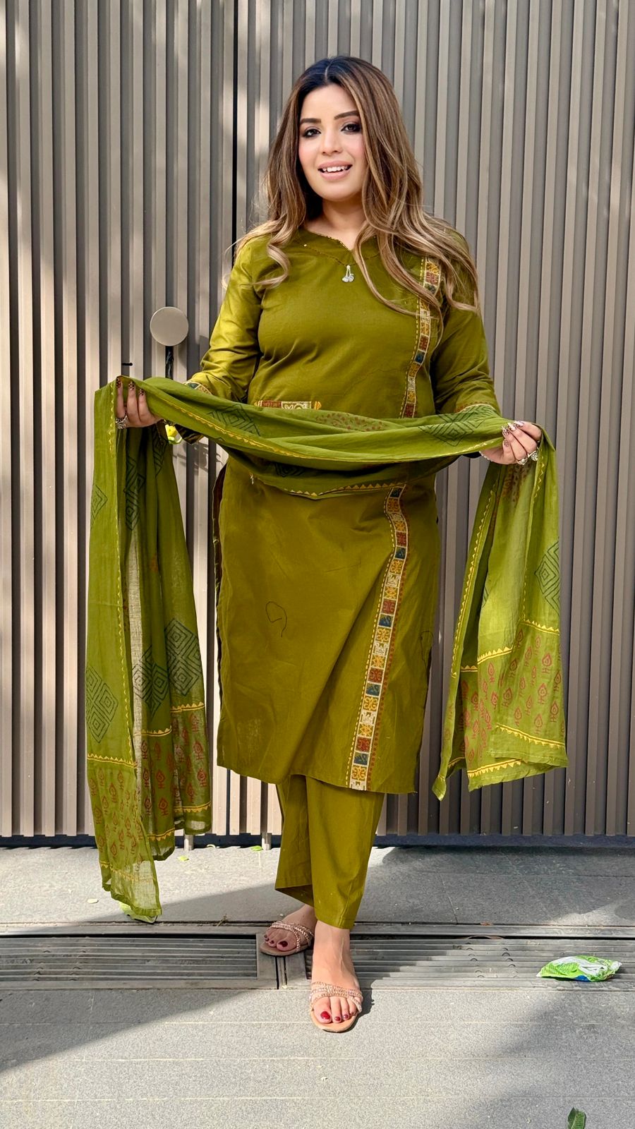 Roshni Cotton Suit Set- Green, Beige