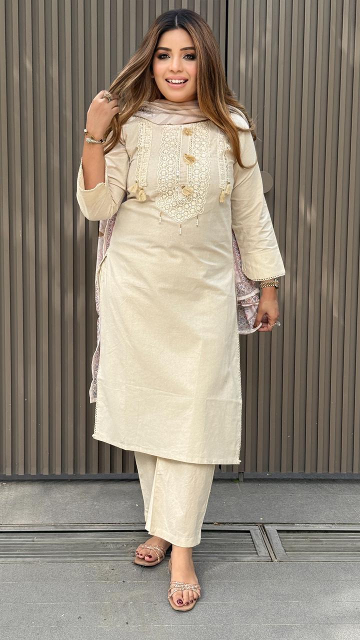 Madhuli Cotton Suit Set- Beige
