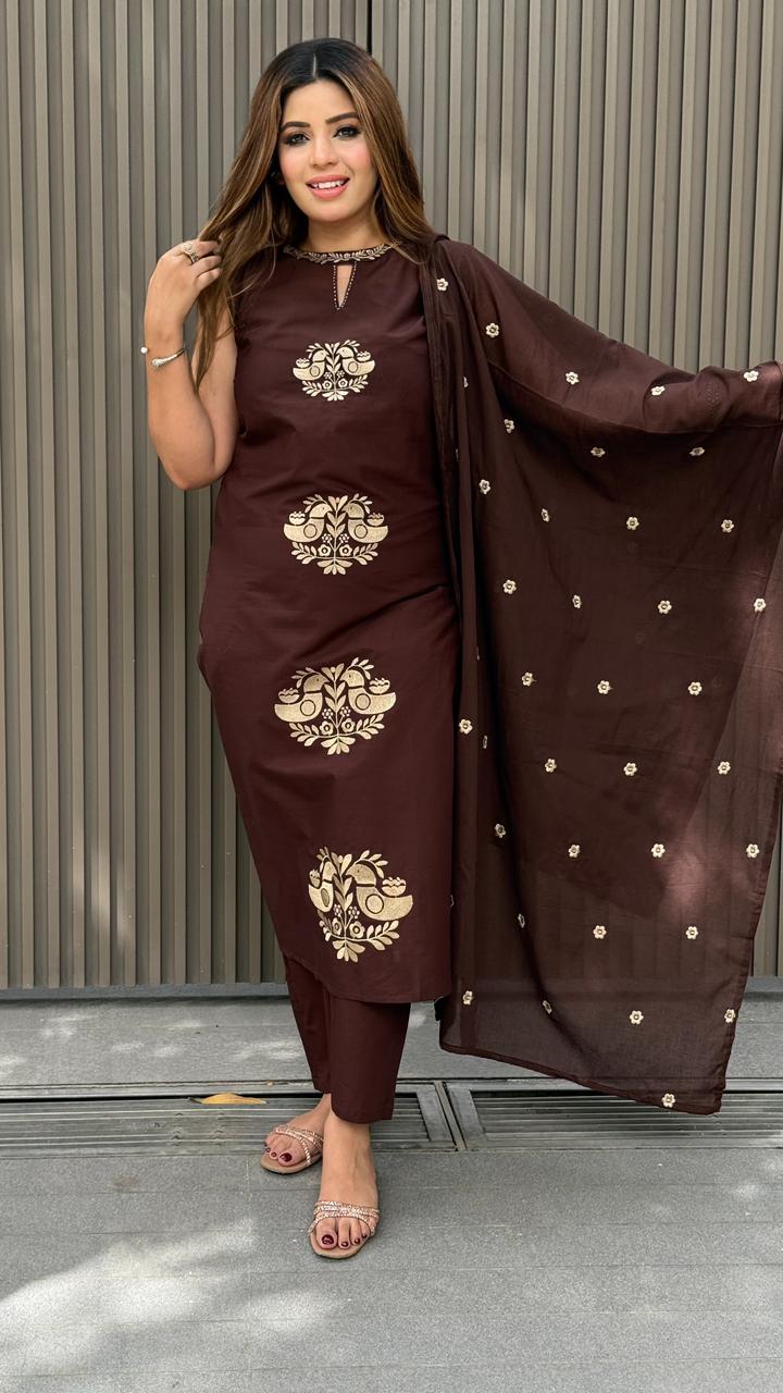 Sugandha Cotton Suit Set- Navy Blue, Brown