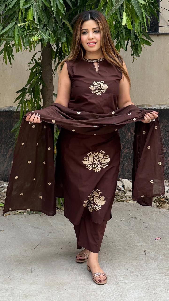 Sugandha Cotton Suit Set- Navy Blue, Brown