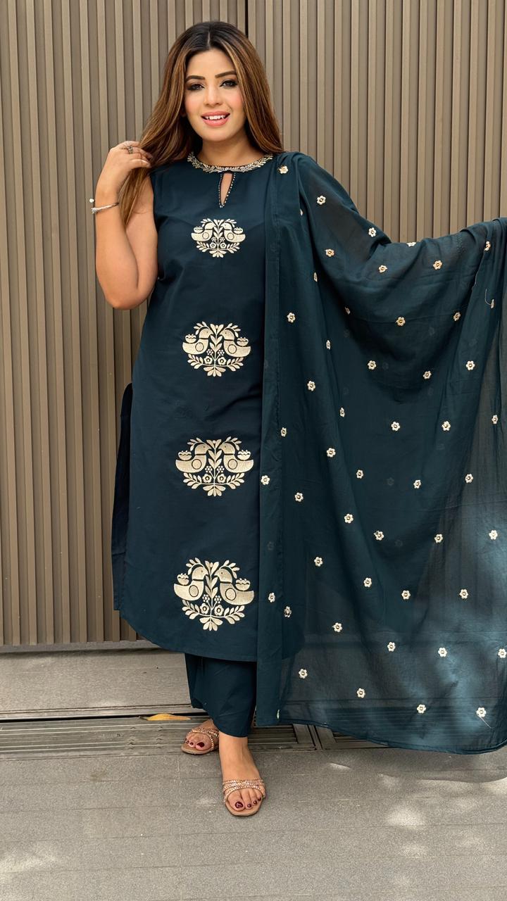 Sugandha Cotton Suit Set- Navy Blue, Brown