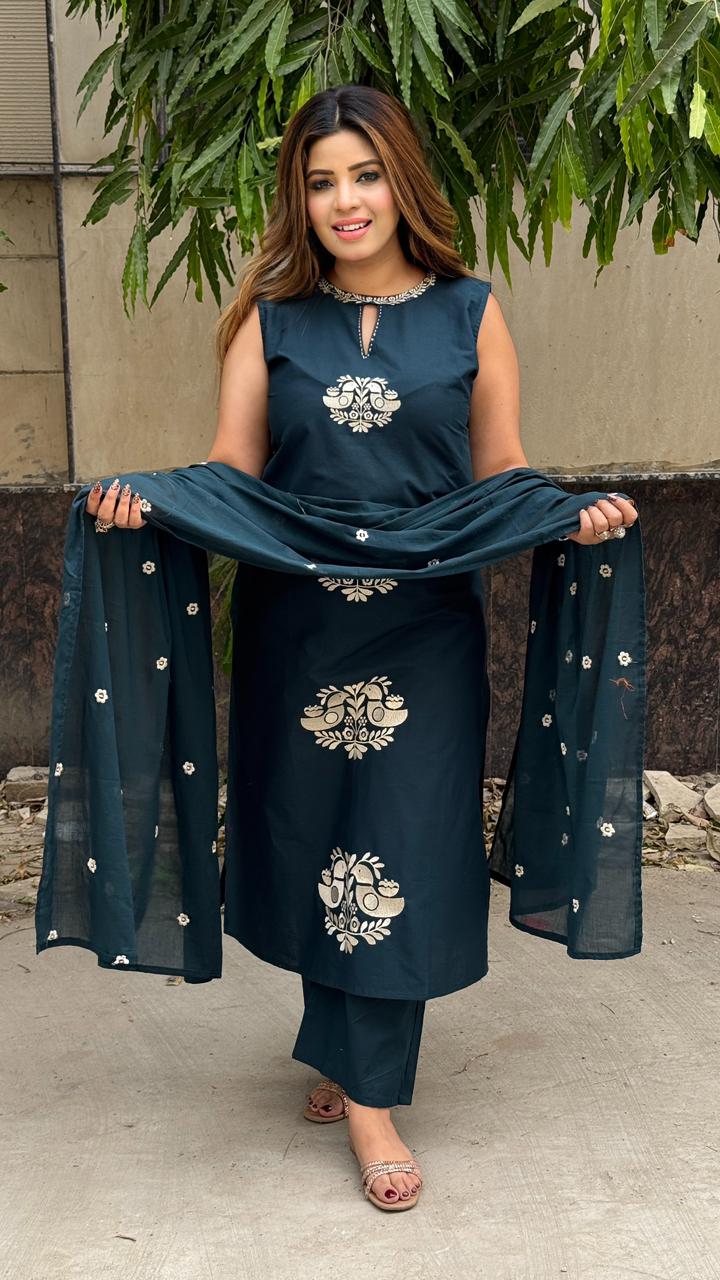 Sugandha Cotton Suit Set- Navy Blue, Brown
