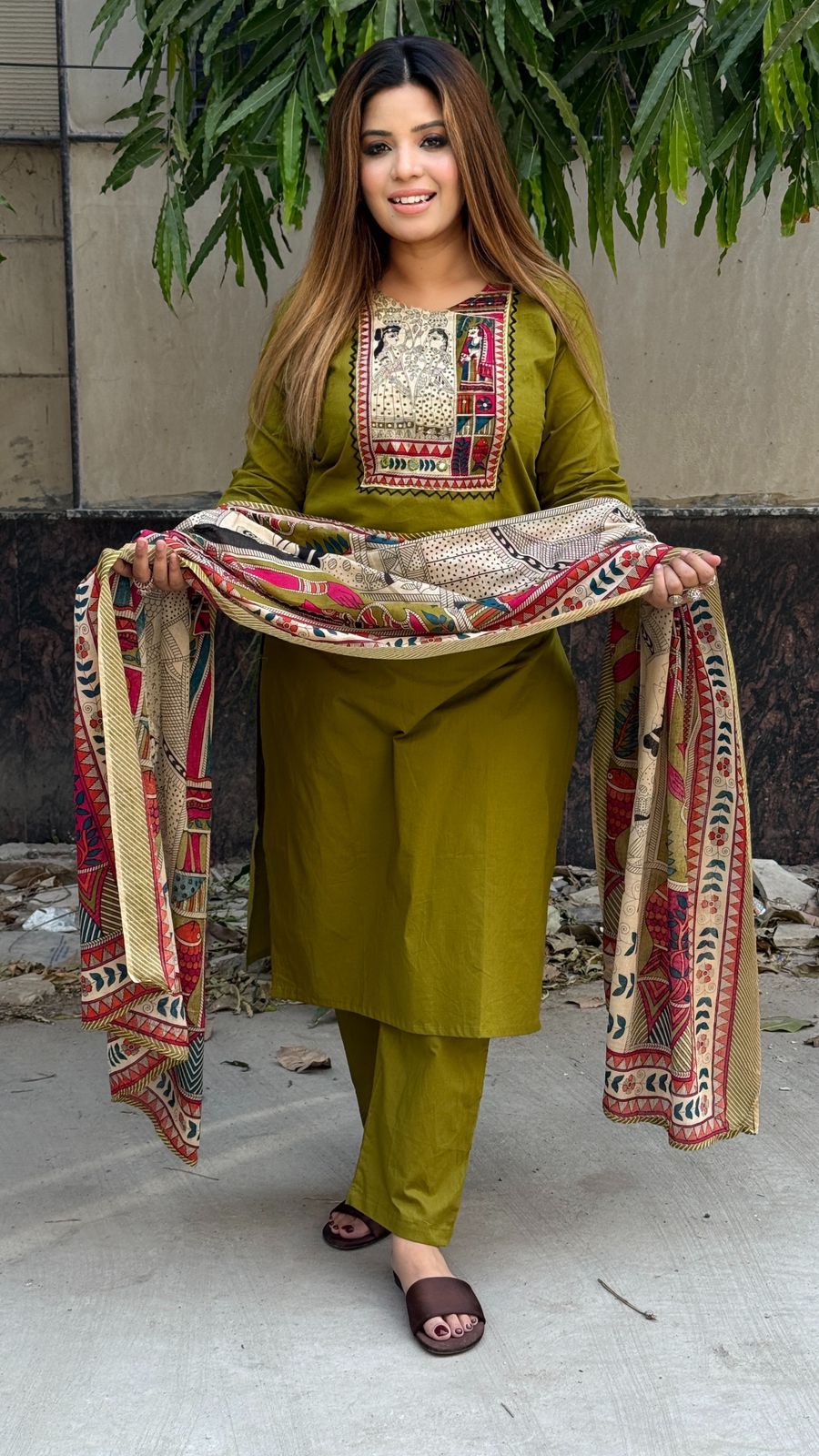 Kanak Cotton Suit Set- Green, Red