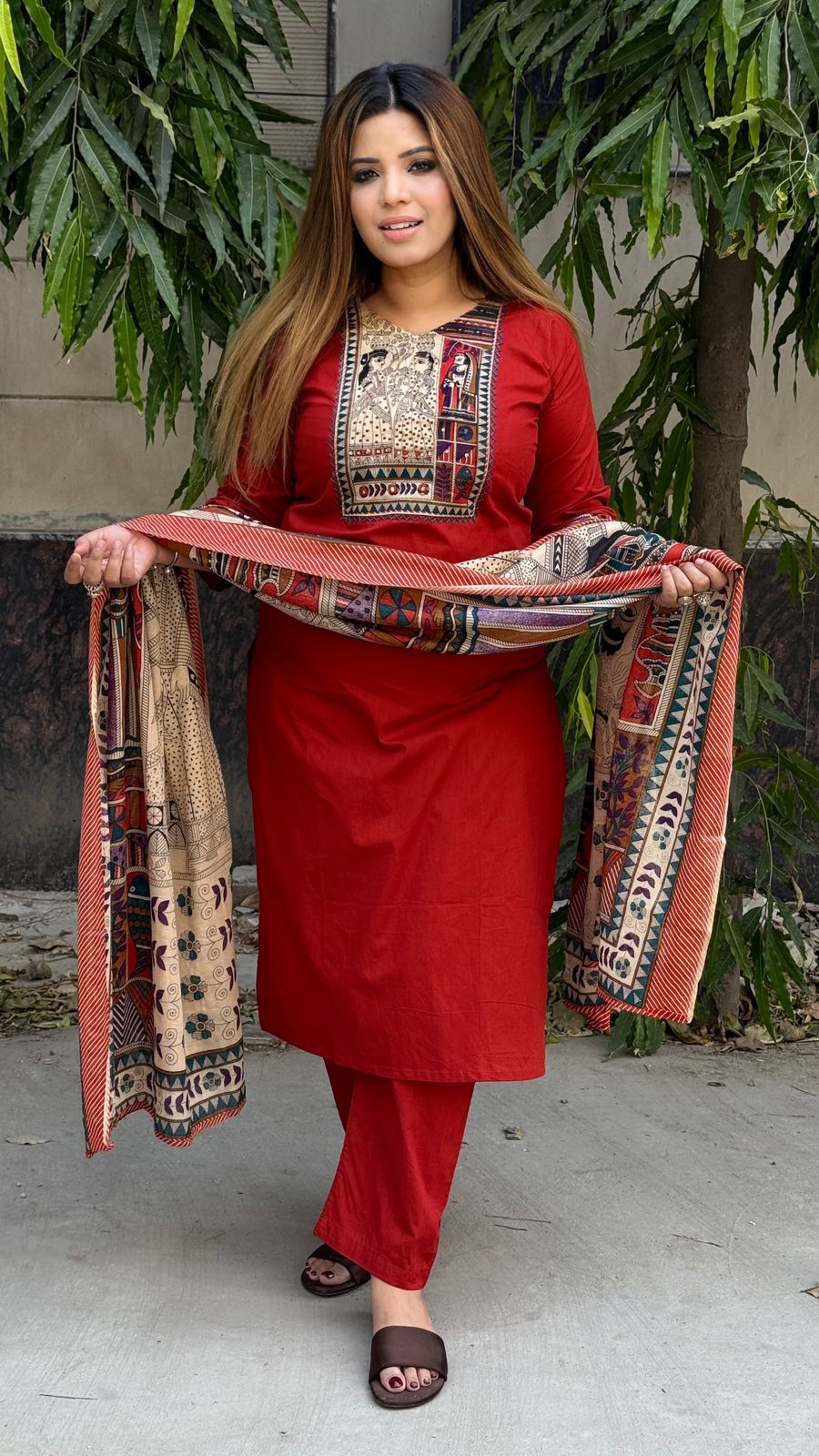 Kanak Cotton Suit Set- Green, Red