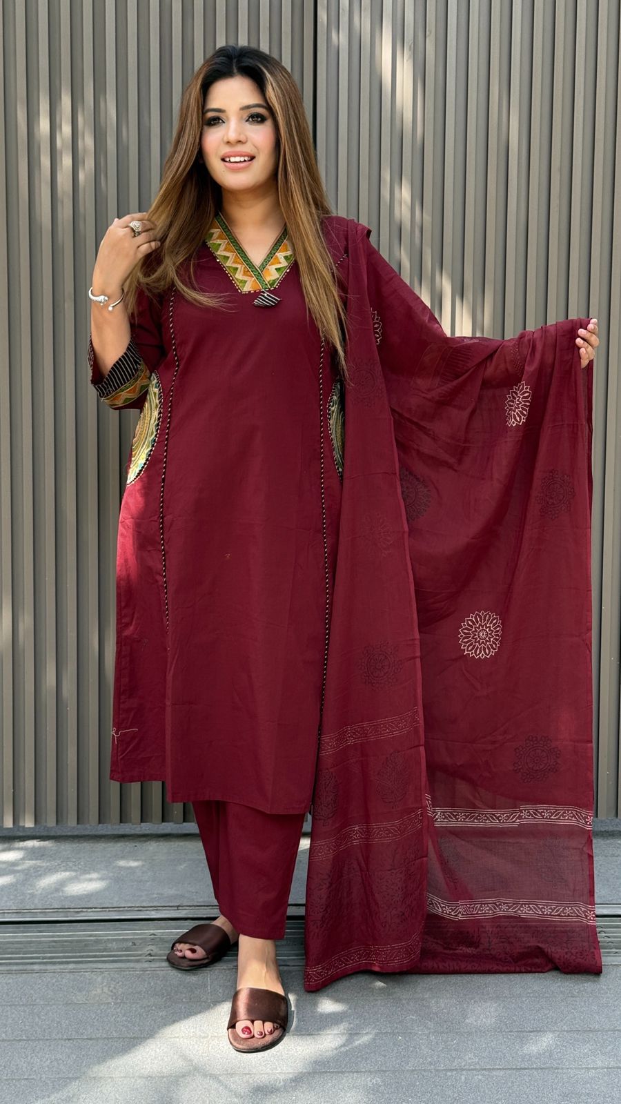 Leher Cotton Suit Set- Black, Maroon