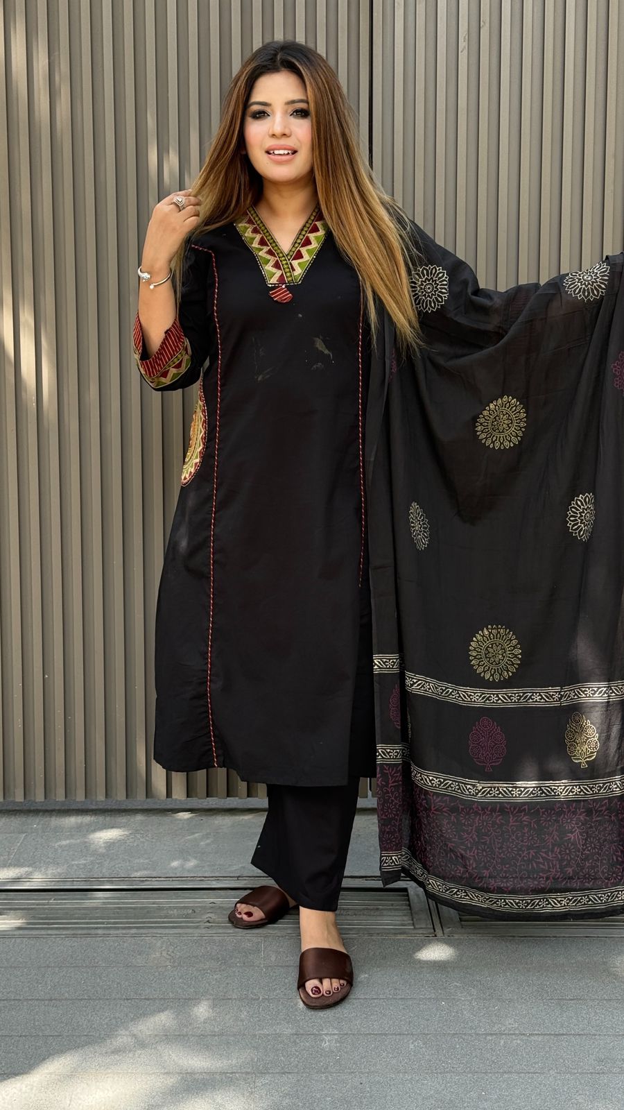 Leher Cotton Suit Set- Black, Maroon