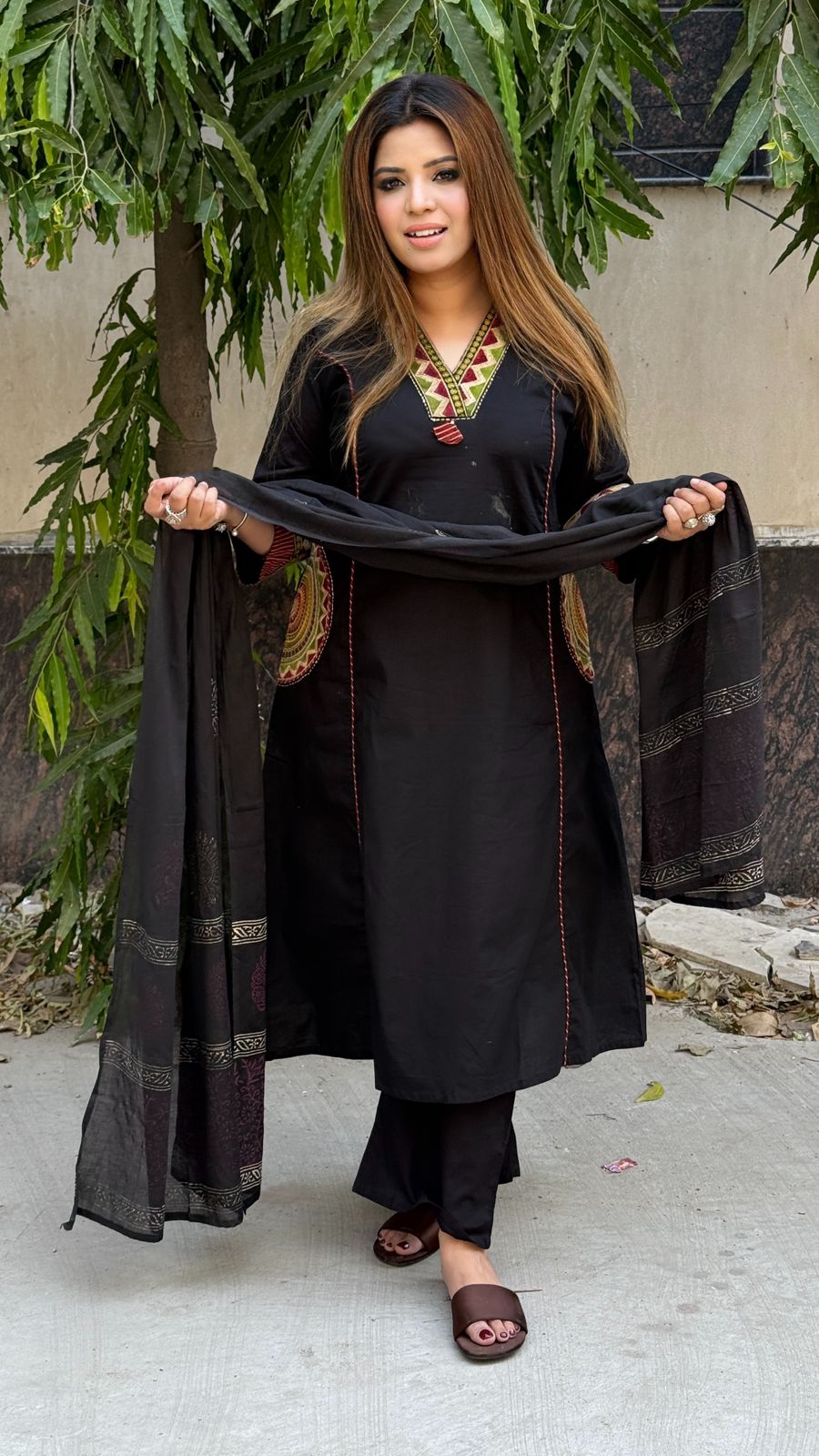 Leher Cotton Suit Set- Black, Maroon