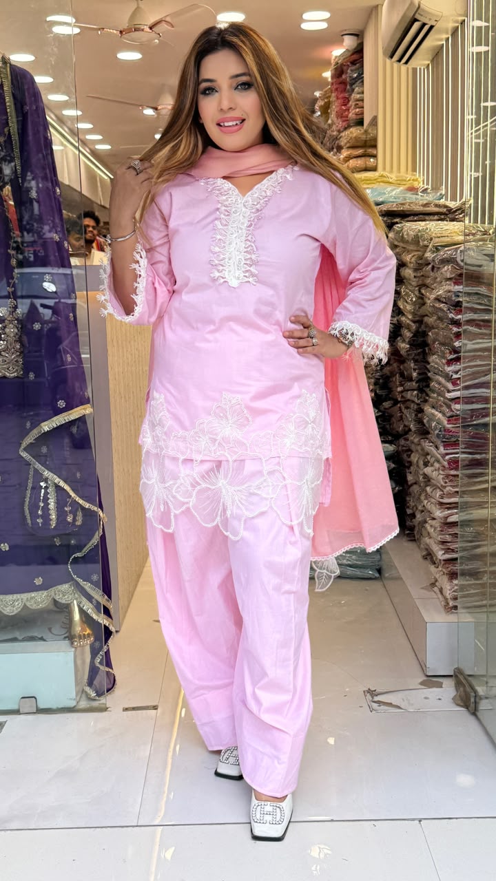 Phulwari Cotton Suit Set- Pink, Blue