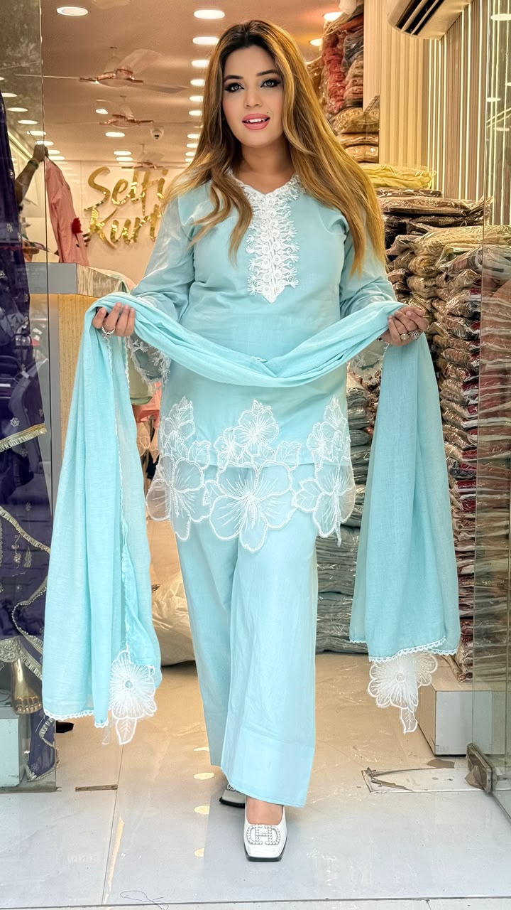 Phulwari Cotton Suit Set- Pink, Blue