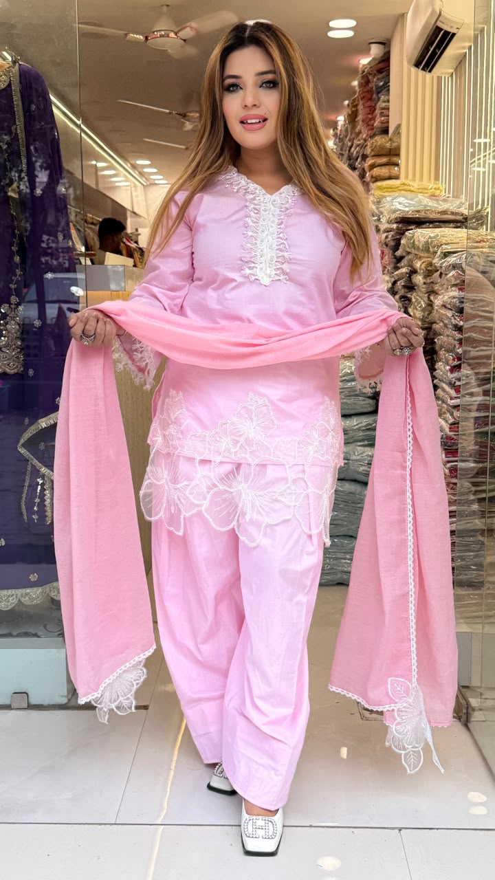 Phulwari Cotton Suit Set- Pink, Blue