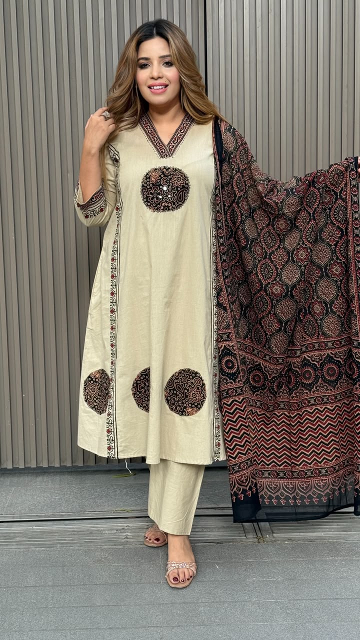 Niharika Cotton A-Line Suit Set- Beige