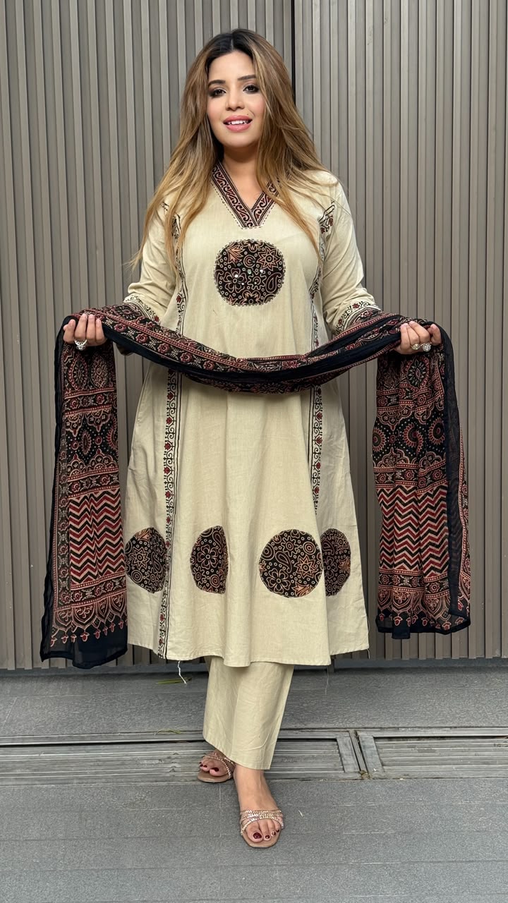 Niharika Cotton A-Line Suit Set- Beige
