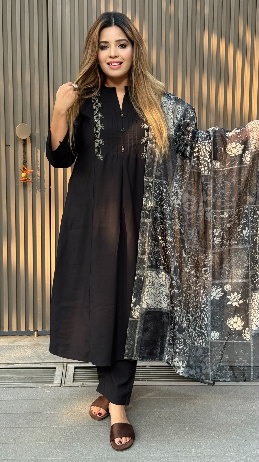 Ishani Cotton Anarkali Suit Set- Black
