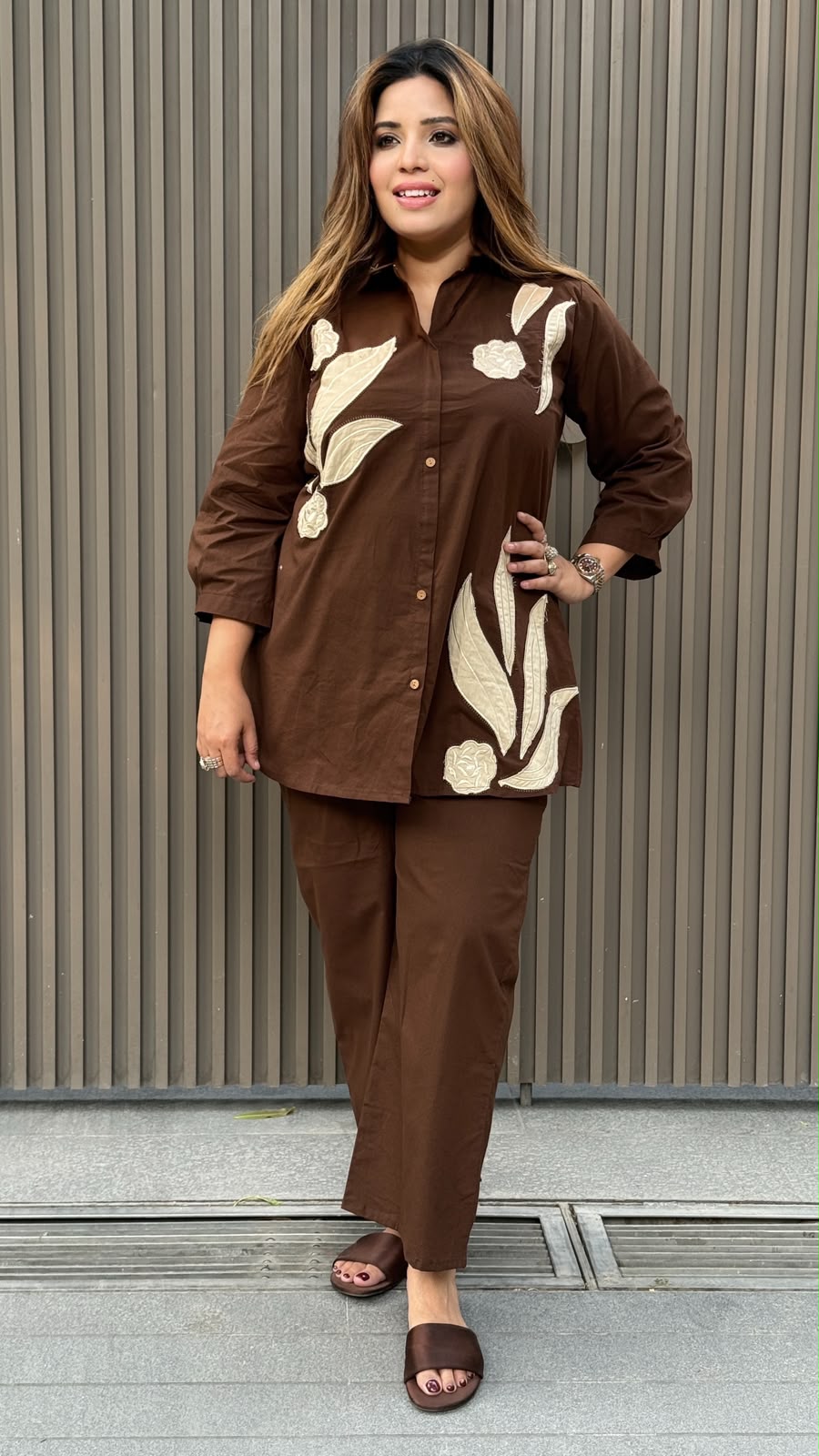 Mridula Cotton Cordset- Navy, Brown