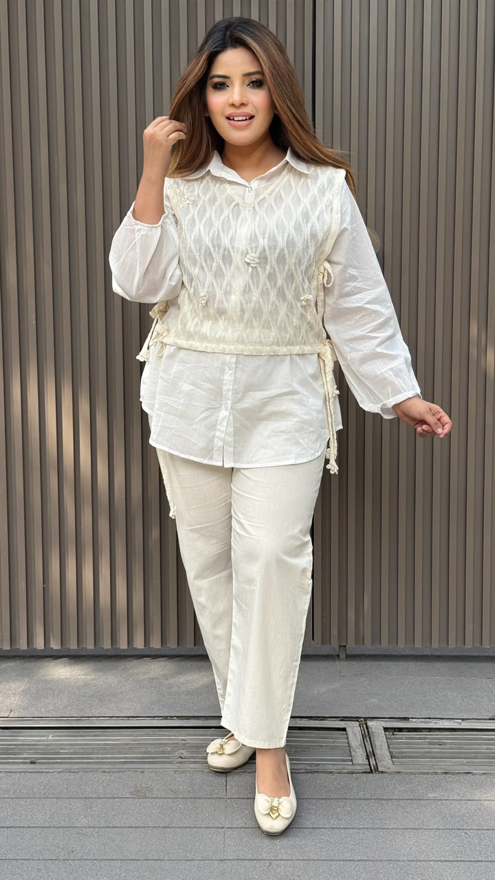 Madhubala Cotton Shirt Set- White