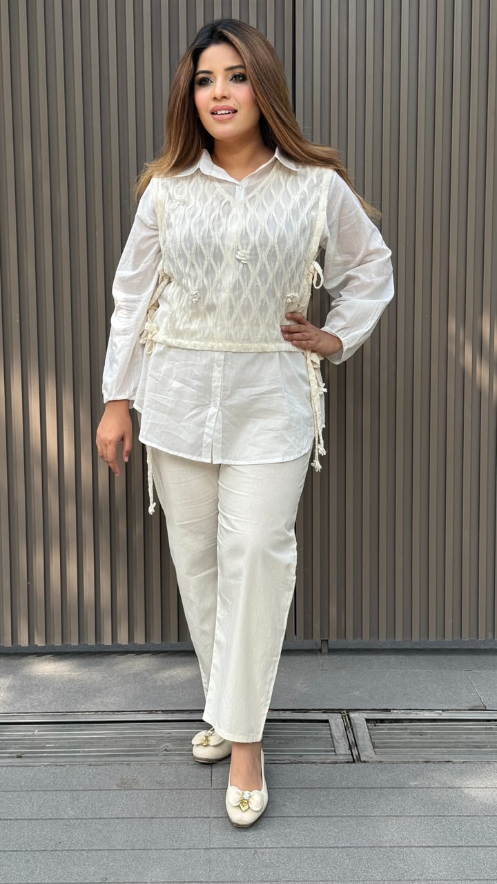 Madhubala Cotton Shirt Set- White