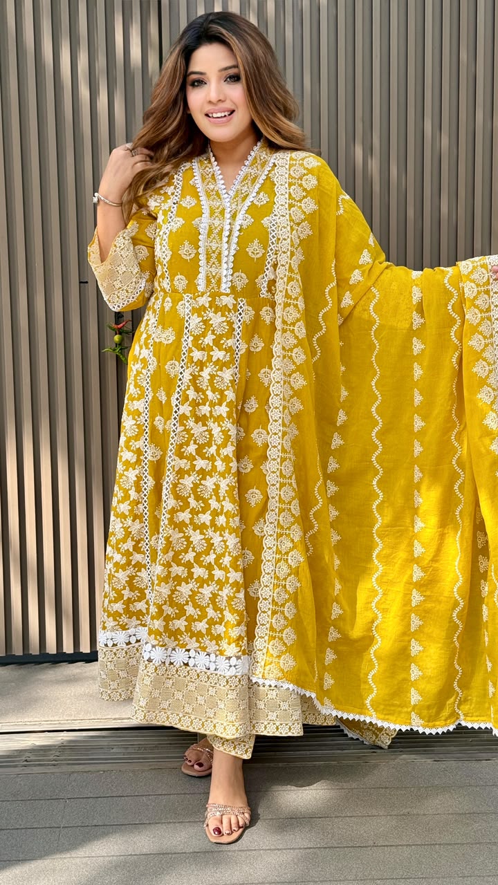 Parijat Cotton Anarkali Suit Set- Pink, Yellow, Blue