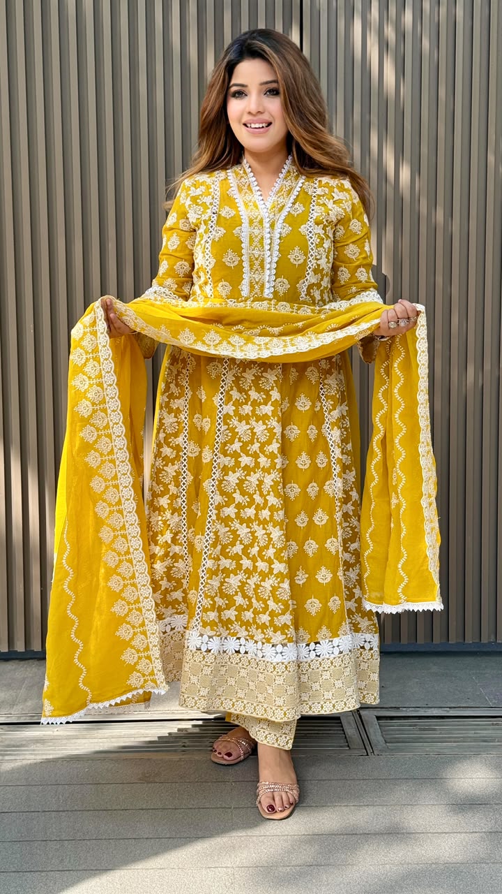 Parijat Cotton Anarkali Suit Set- Pink, Yellow, Blue