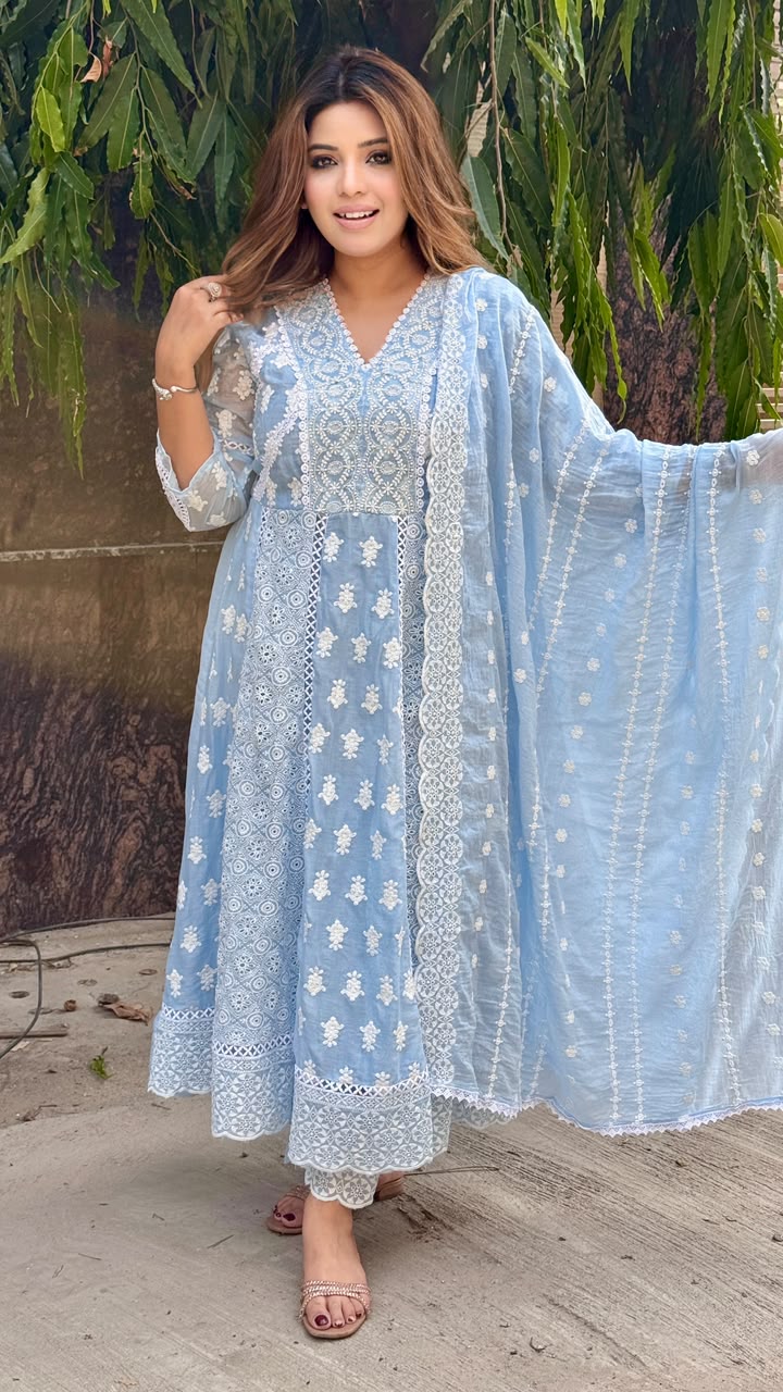 Parijat Cotton Anarkali Suit Set- Pink, Yellow, Blue