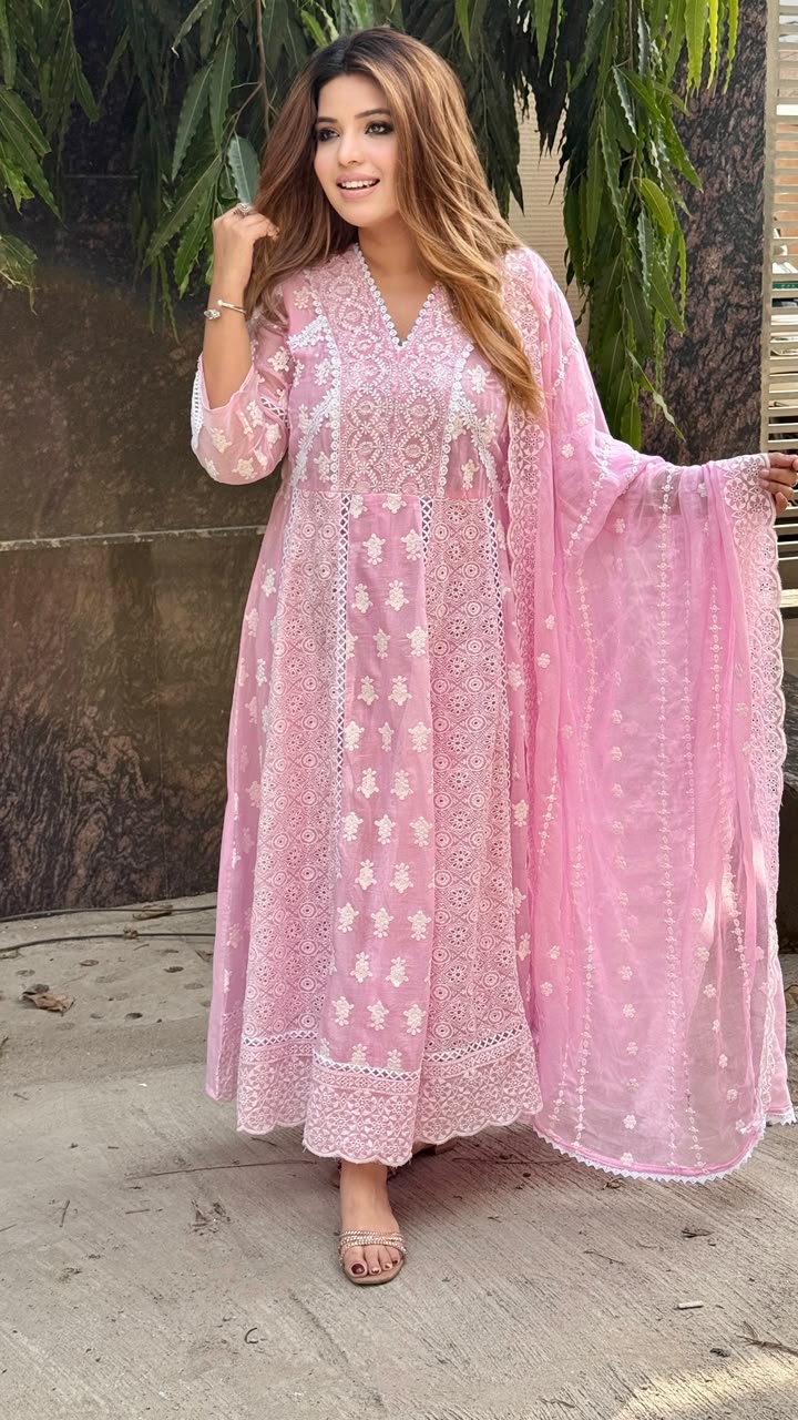 Parijat Cotton Anarkali Suit Set- Pink, Yellow, Blue