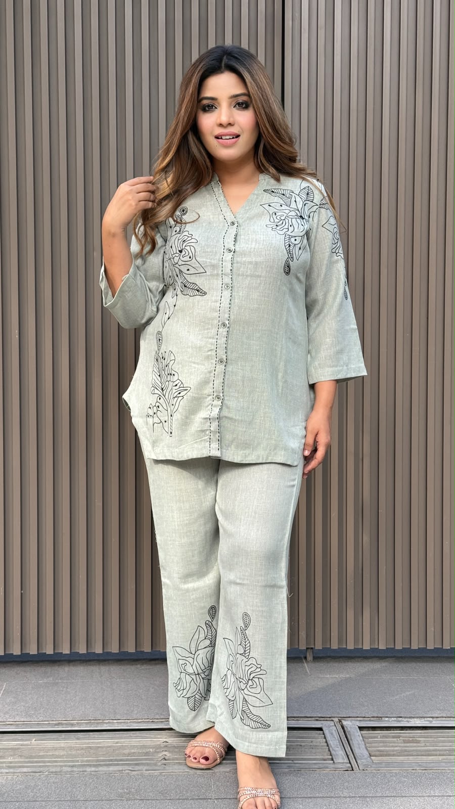 Sharayu Cotton Suit Set- Peach, Mint grey