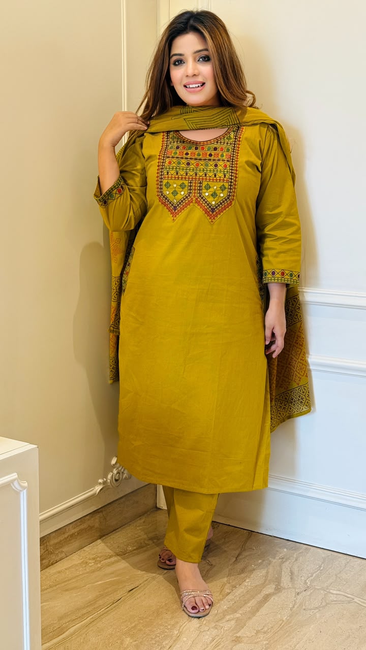 Ruhvika Cotton Suit Set- Purple, Mustard