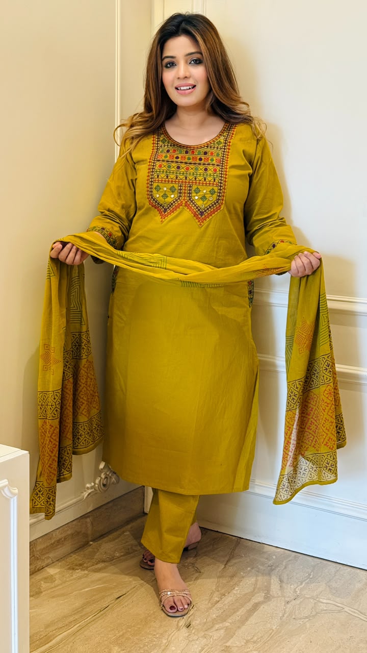 Ruhvika Cotton Suit Set- Purple, Mustard