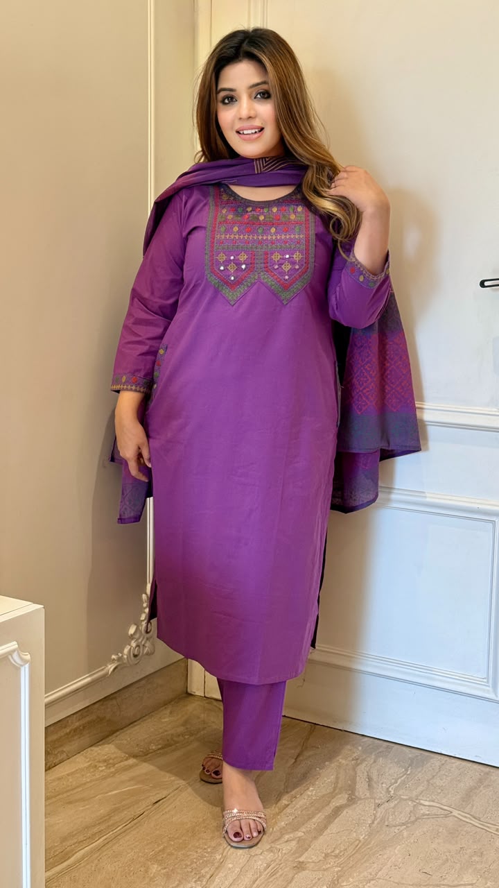 Ruhvika Cotton Suit Set- Purple, Mustard