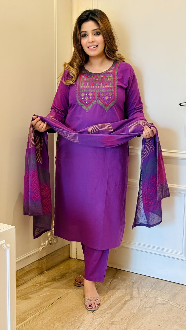 Ruhvika Cotton Suit Set- Purple, Mustard