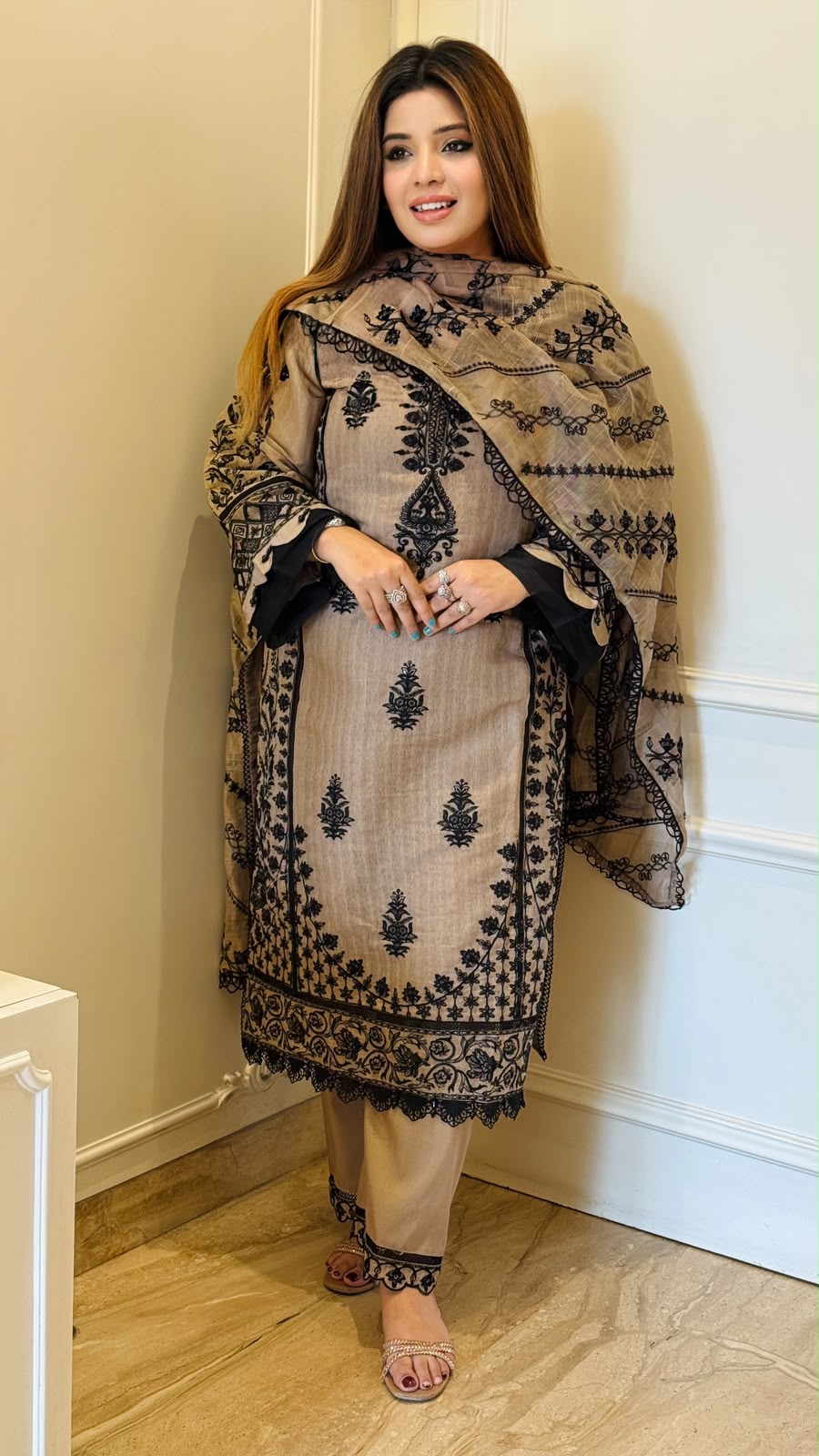 Abeer Pakistani Suit Set- Purple, Grey, Brown