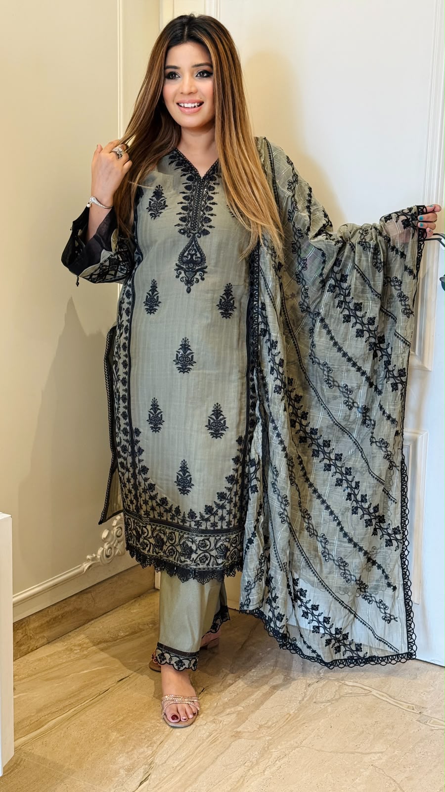 Abeer Pakistani Suit Set- Purple, Grey, Brown