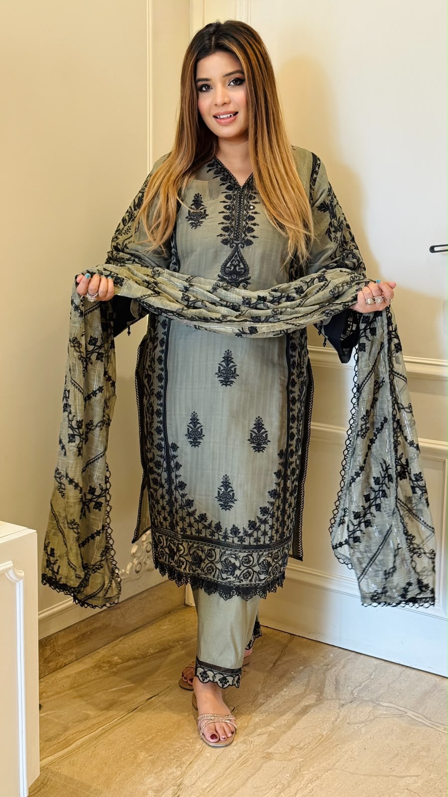 Abeer Pakistani Suit Set- Purple, Grey, Brown