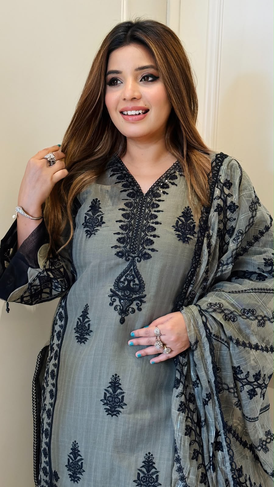 Abeer Pakistani Suit Set- Purple, Grey, Brown