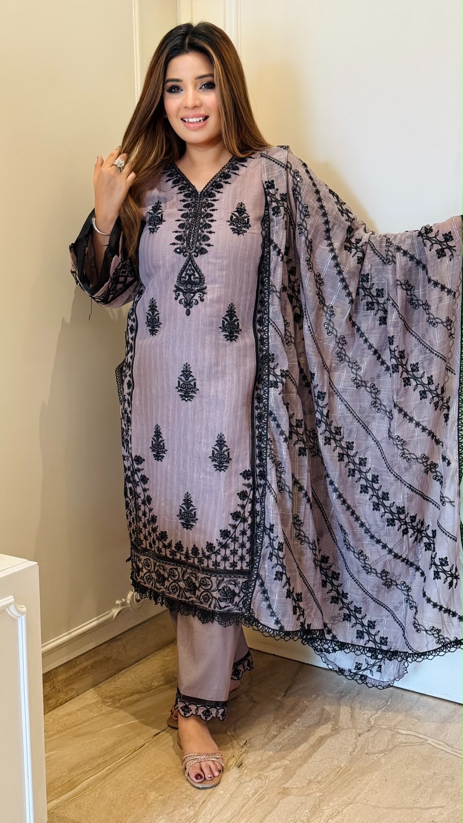 Abeer Pakistani Suit Set- Purple, Grey, Brown