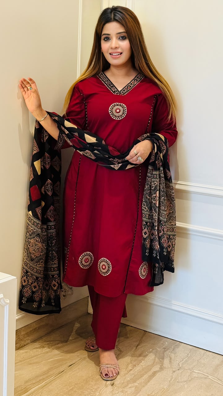 Abha Cotton A-Line Suit Set- Maroon, Brown