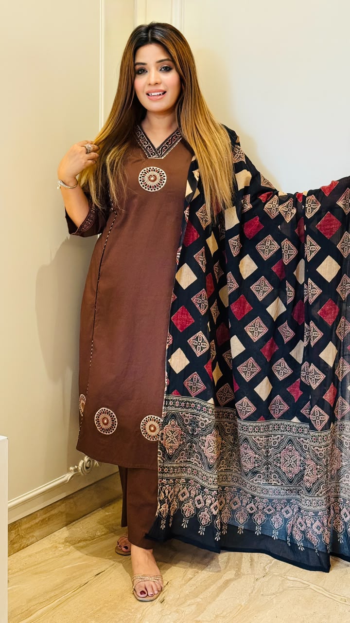 Abha Cotton A-Line Suit Set- Maroon, Brown