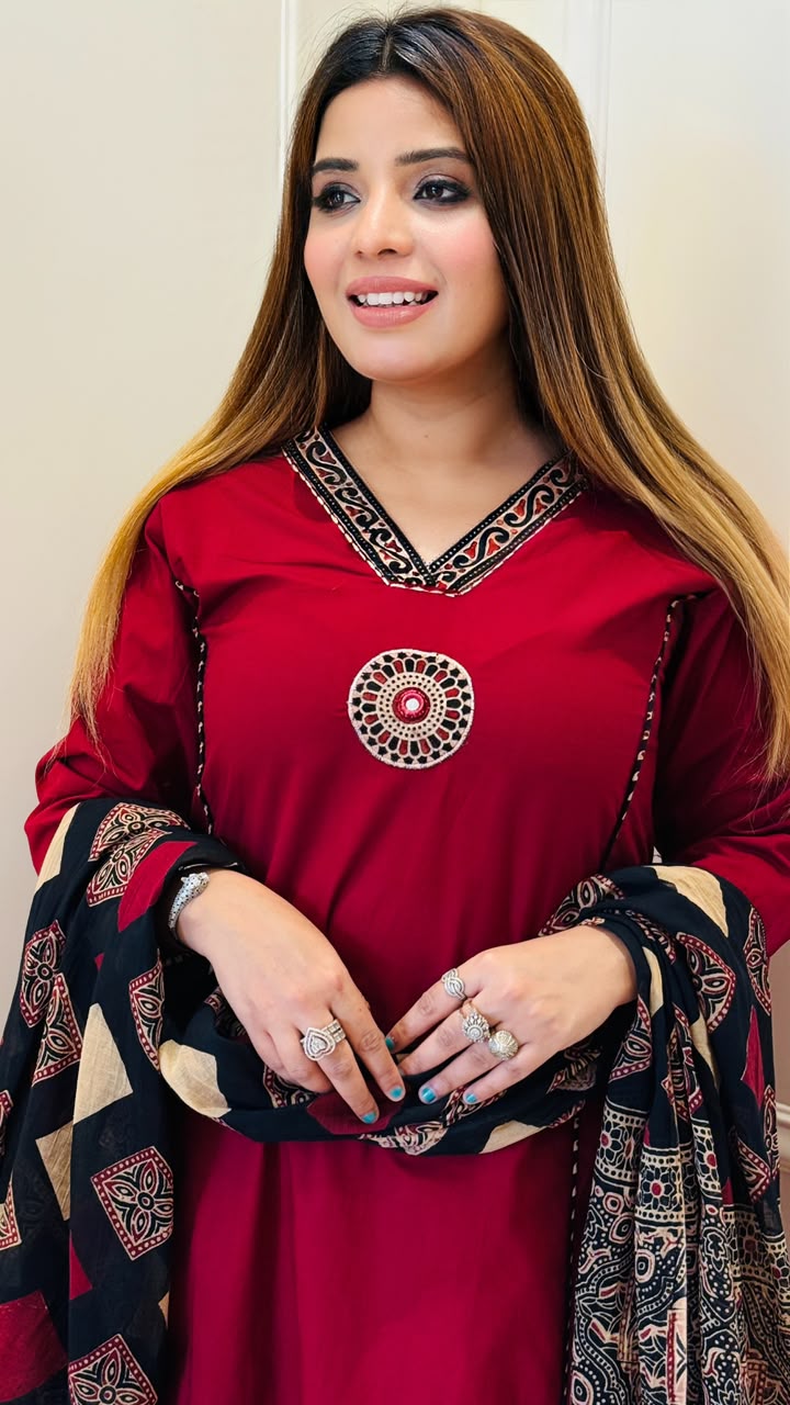 Abha Cotton A-Line Suit Set- Maroon, Brown