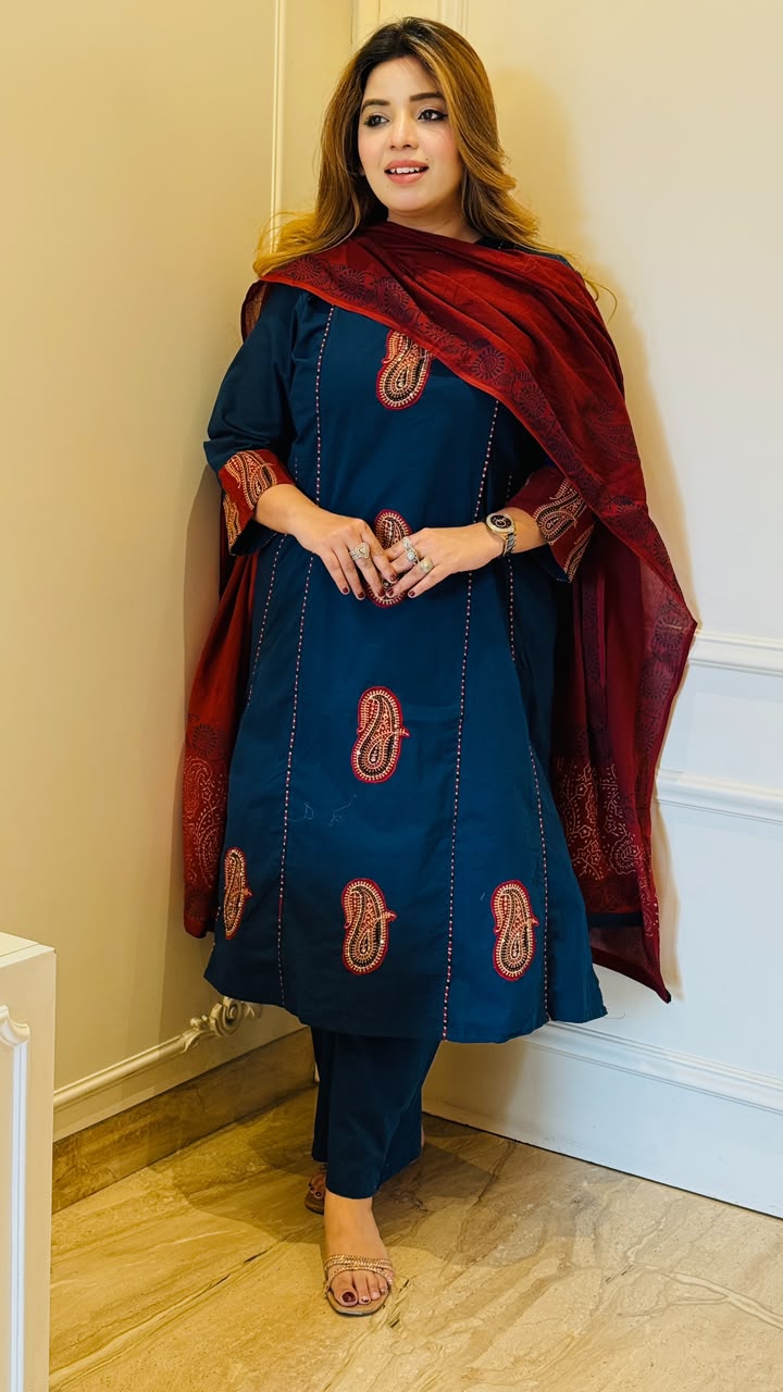 Charita Cotton A-Line Suit Set- Maroon, Navy