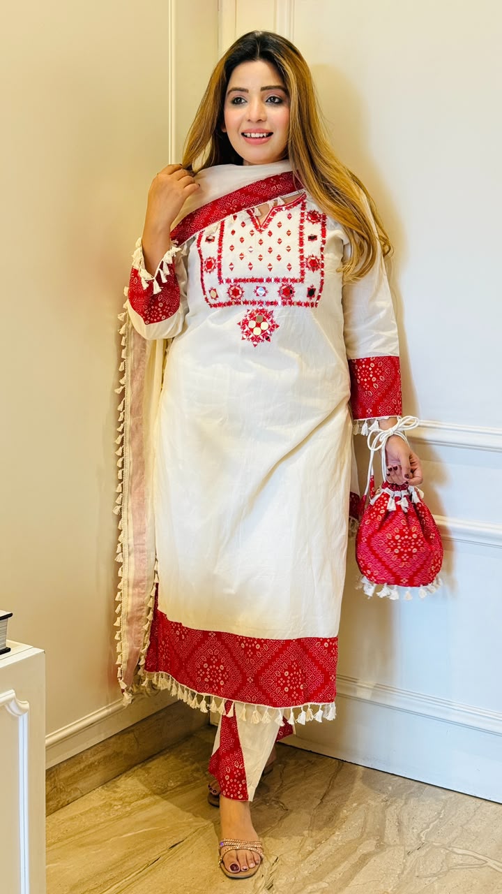 Ekta Cotton Suit Set- Red, Green