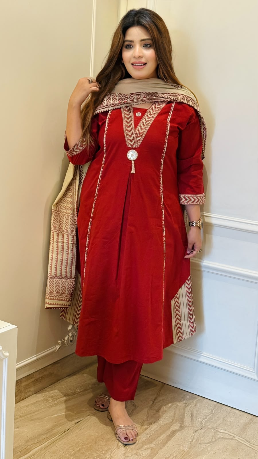 Charul Cotton A-Line Suit Set- Brown, Green, Navy, Red
