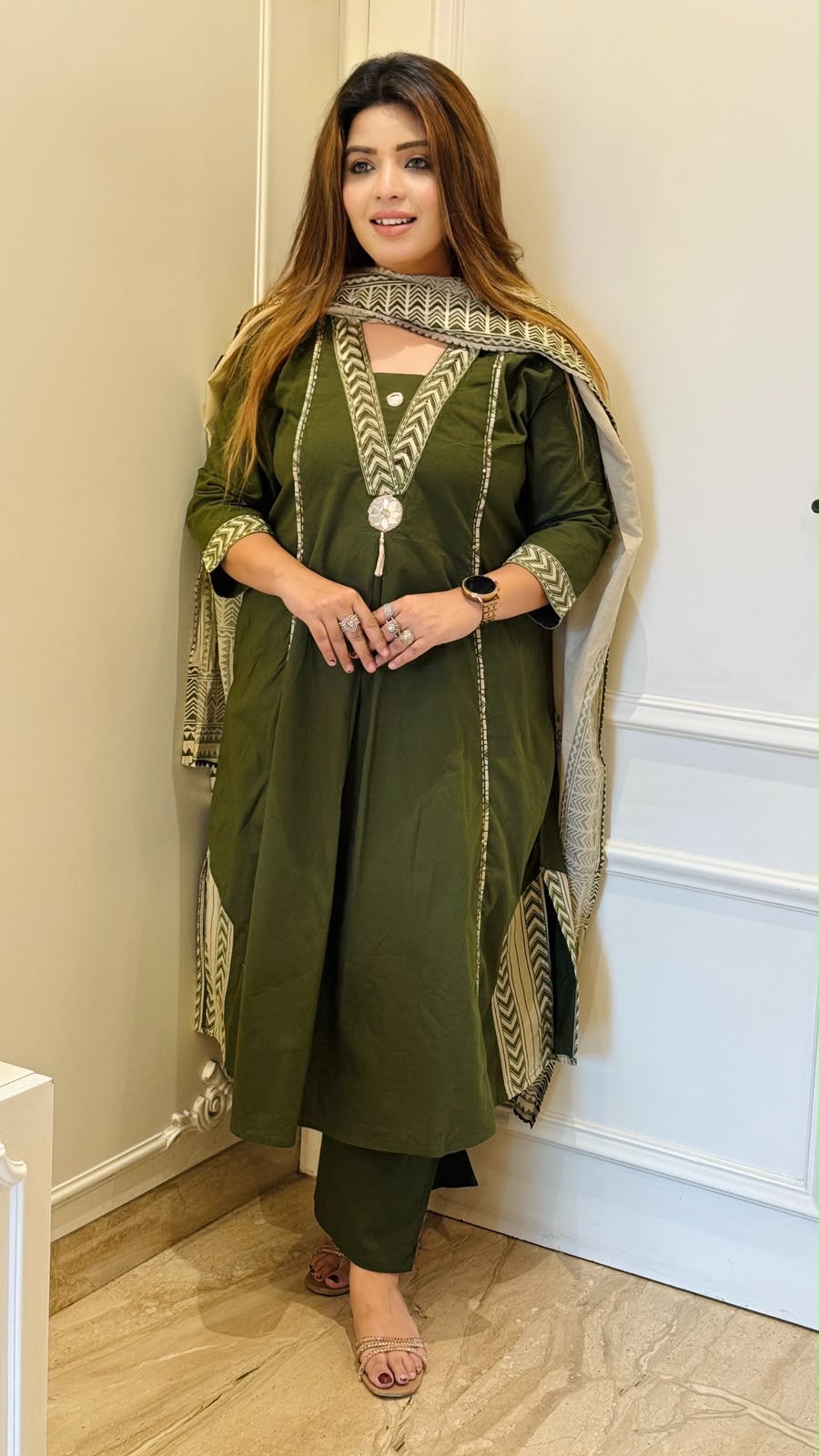 Charul Cotton A-Line Suit Set- Brown, Green, Navy, Red