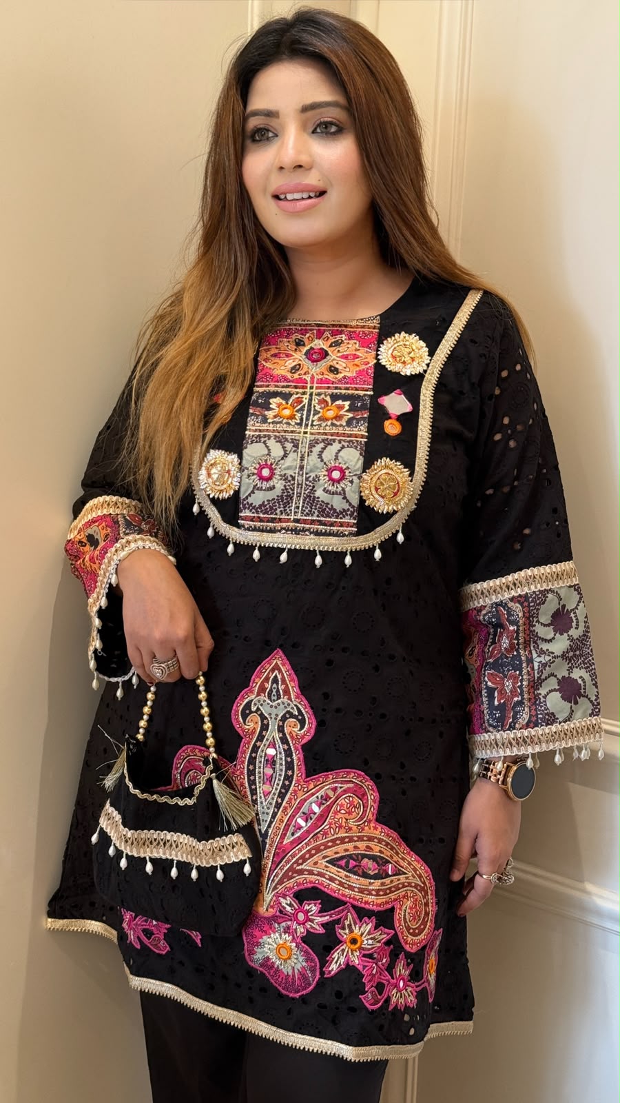 Hansika Cotton Schiffli Cordset- Black