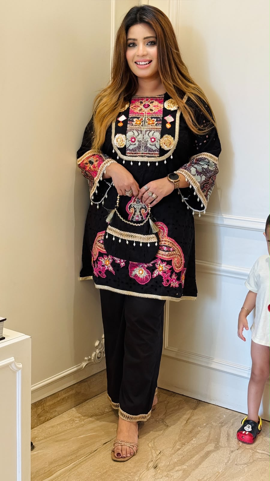 Hansika Cotton Schiffli Cordset- Black