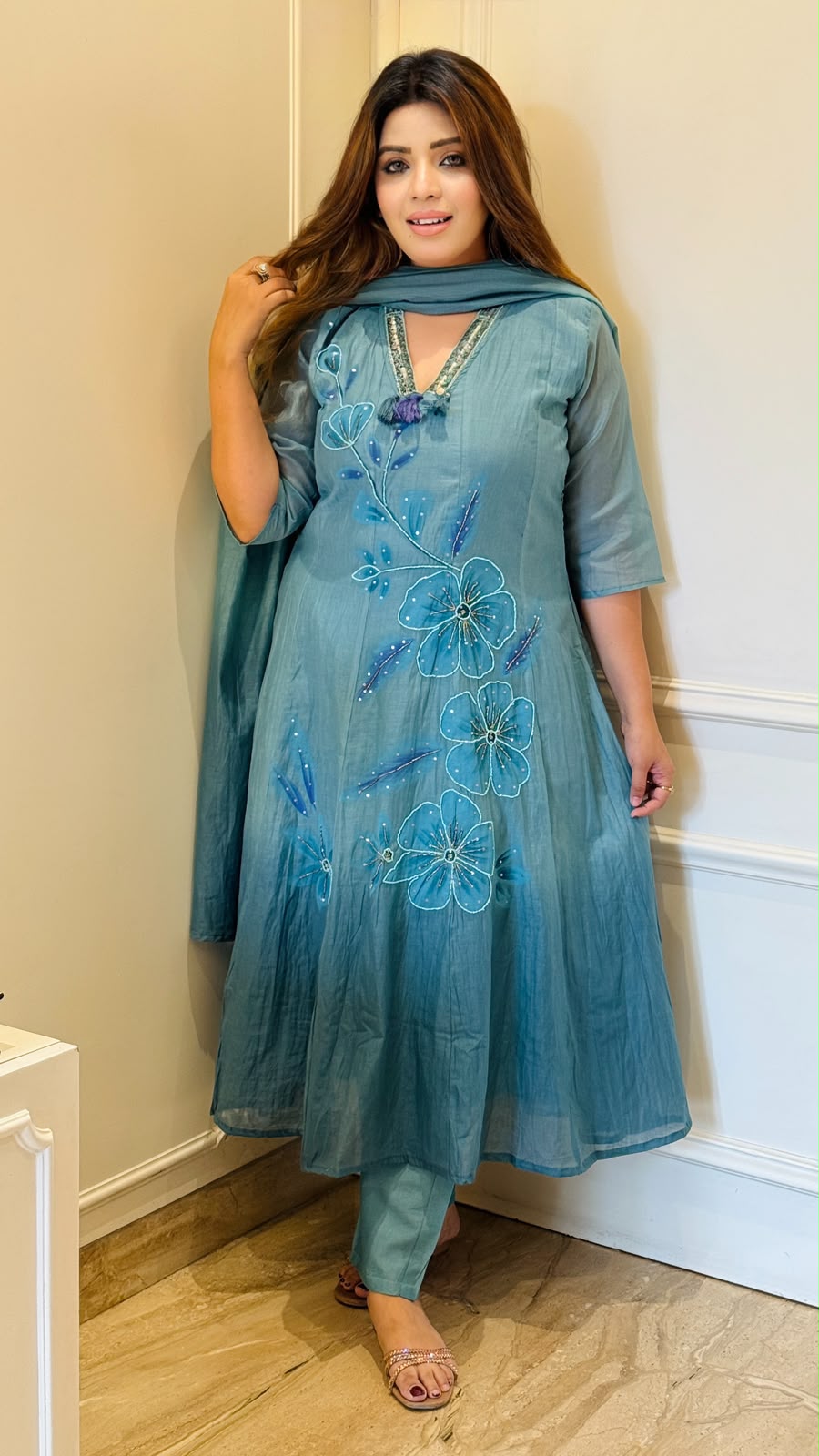 Khushi Ombre Cotton Kali Suit Set- Blue